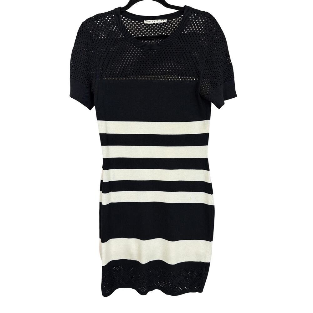 Trina Turk Black White Striped Mesh Trim Cap Sleeve Midi Dress Size 4